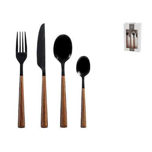 Servizio 24 posate tavola sylva in acciaio inox finitura nero lucido manico in abs effetto legno