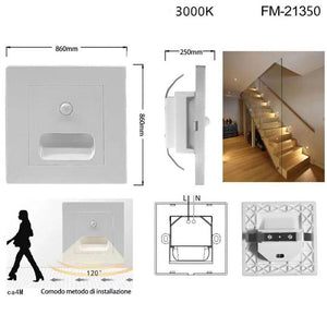 LUCE NOTTURNA SEGNAPASSO LED QUADRATO BIANCO SENSORE MOVIMENTO LUCE CALDA 3000K