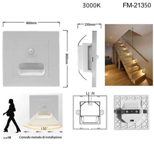 LUCE NOTTURNA SEGNAPASSO LED QUADRATO BIANCO SENSORE MOVIMENTO LUCE CALDA 3000K