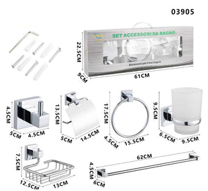 KIT COMPLETO 6 ACCESSORI BAGNO ASTA SAPONE WC GANCIO PORTA ASCIUGAMANO 03905