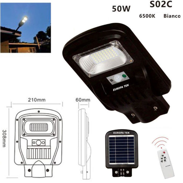 LAMPIONE SOLARE  STRADALE FARO LED ESTERNO SENSORE DI MOVIMENTO TELECOMANDO 50W