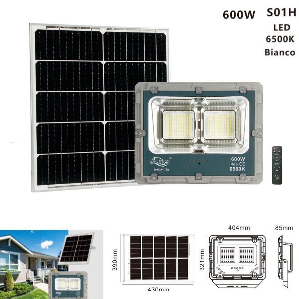 FARO LED CON PANNELLO SOLARE LUCE FREDDA FARETTO LED CASA GIARDINO ESTERNO 600W