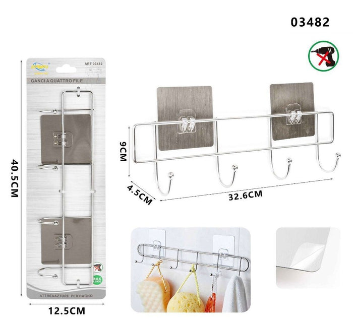 PORTA ASCIUGAMANI CON 4 GANCI BAGNO PARETE SALVIETTE GANCIO CASA ADESIVO 03482