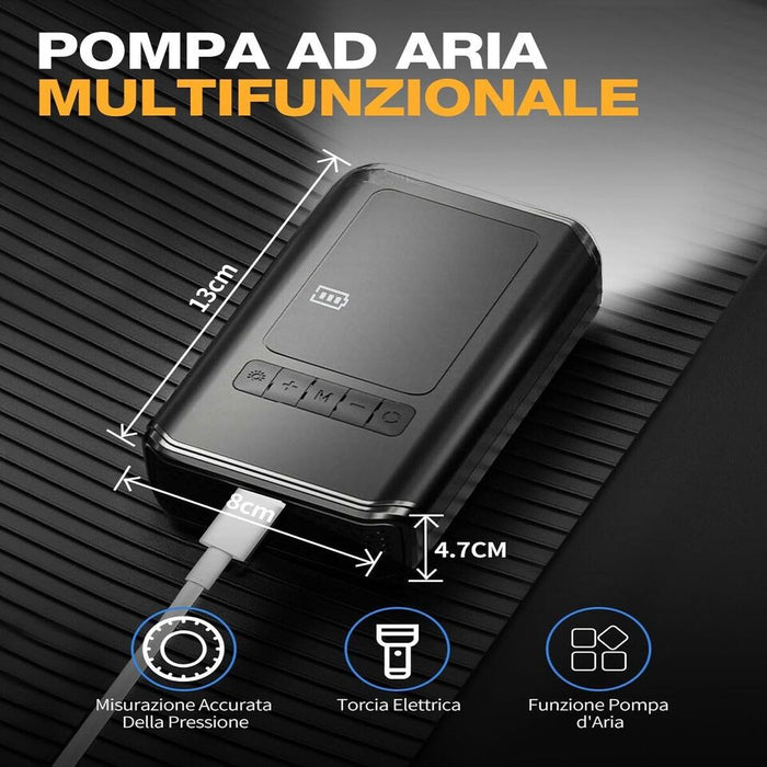 MINI COMPRESSORE AD ARIA AUTO PORTATILE GONFIATORE RICARICABILE DISPLAY LED AUTO
