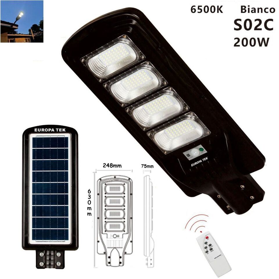 LAMPIONE SOLARE  STRADALE FARO LED ESTERNO SENSORE DI MOVIMENTO TELECOMANDO 200W