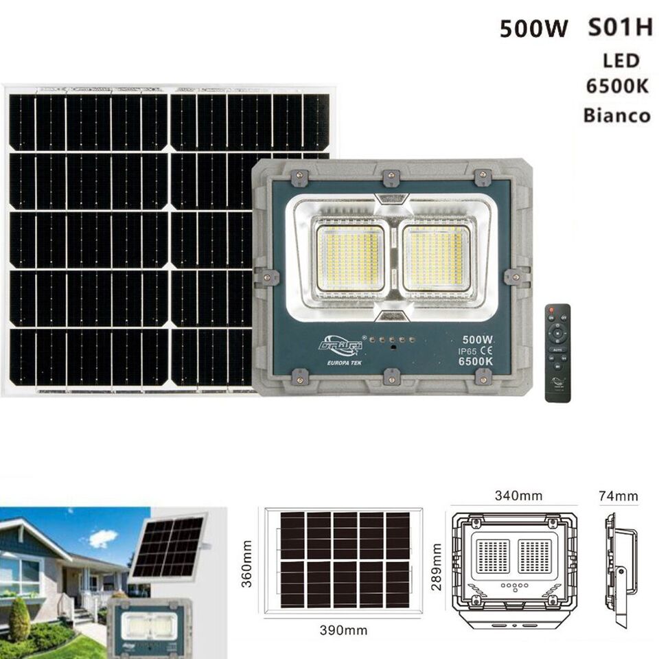 FARO LED CON PANNELLO SOLARE LUCE FREDDA FARETTO LED CASA GIARDINO ESTERNO 500W