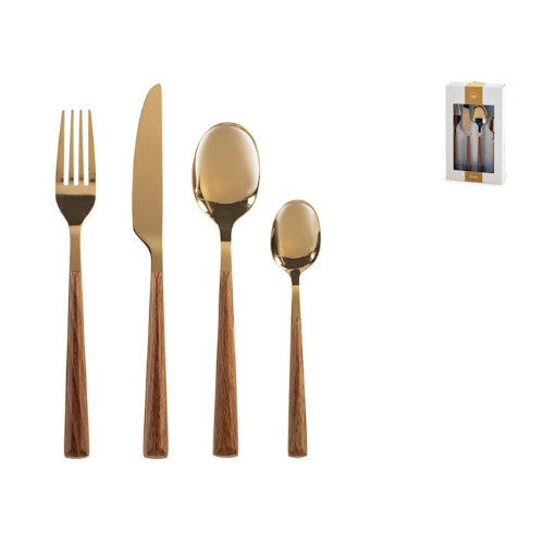 Servizio 24 posate tavola sylva in acciaio inox finitura oro lucido manico in abs effetto legno.