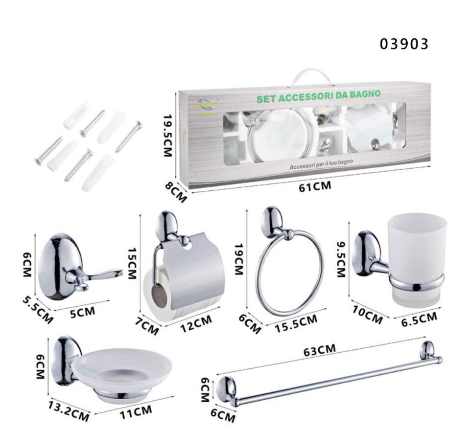 KIT COMPLETO 6 ACCESSORI BAGNO ASTA SAPONE WC GANCIO PORTA ASCIUGAMANO 03903