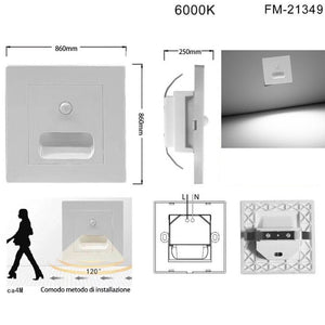 LUCE NOTTURNA SEGNAPASSO LED QUADRATO BIANCO SENSORE MOVIMENTO LUCE FREDDA 6000K