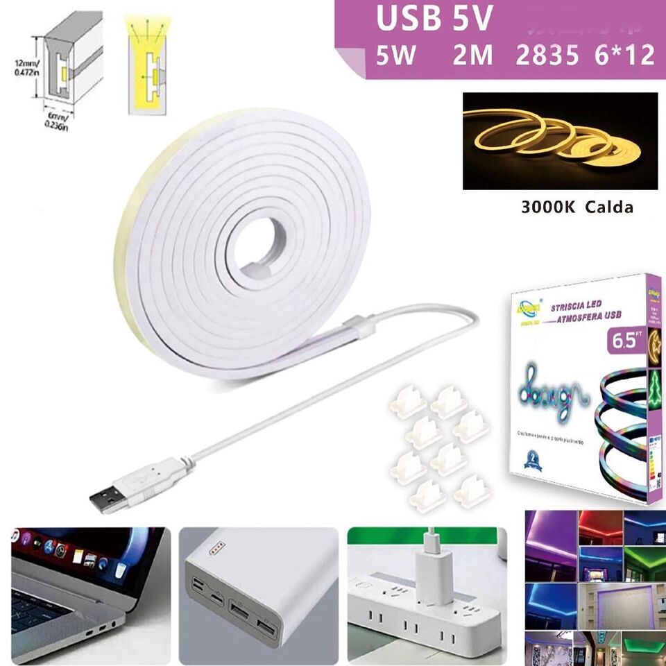 STRISCIA LED FLESSIBILE PER GANCI BINARIO SOFFITTO SCRITTA USB LUCE BIANCO CALDO
