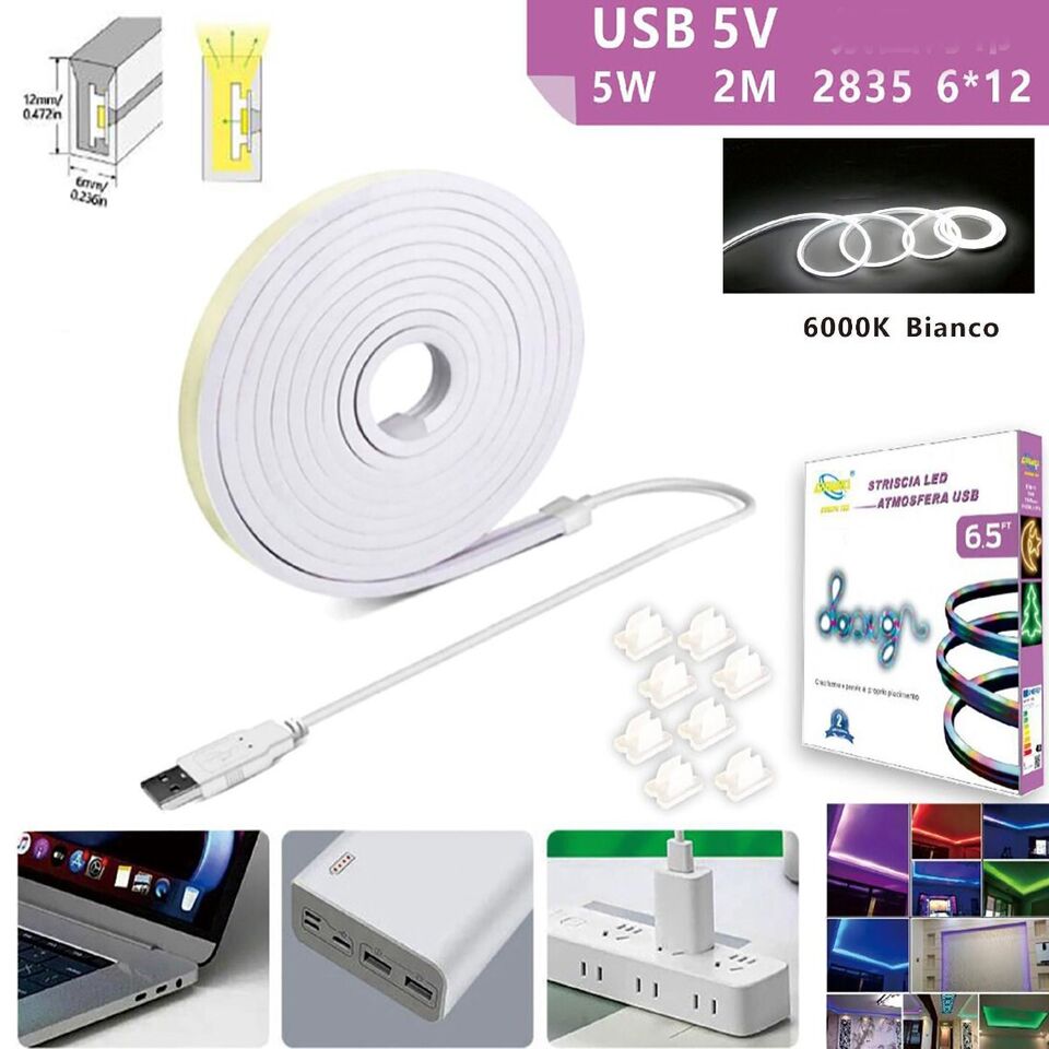 STRISCIA LED FLESSIBILE GANCI BINARIO SOFFITTO SCRITTA USB LUCE BIANCO FREDDO