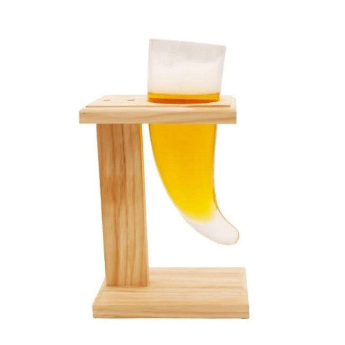Corno birra viking in vetro con supporto in legno