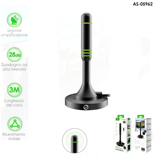 ANTENNA DIGITALE TERRESTRE PORTATILE BASE MAGNETICA DVB-T 28DB AUTO CAMPER CASA