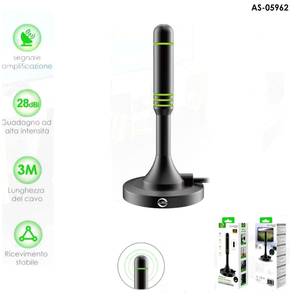 ANTENNA DIGITALE TERRESTRE PORTATILE BASE MAGNETICA DVB-T 28DB AUTO CAMPER CASA