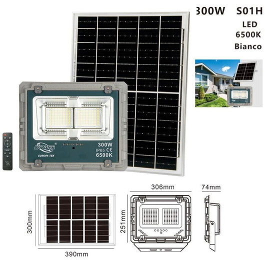 FARO LED CON PANNELLO SOLARE LUCE FREDDA FARETTO LED CASA GIARDINO ESTERNO 300W
