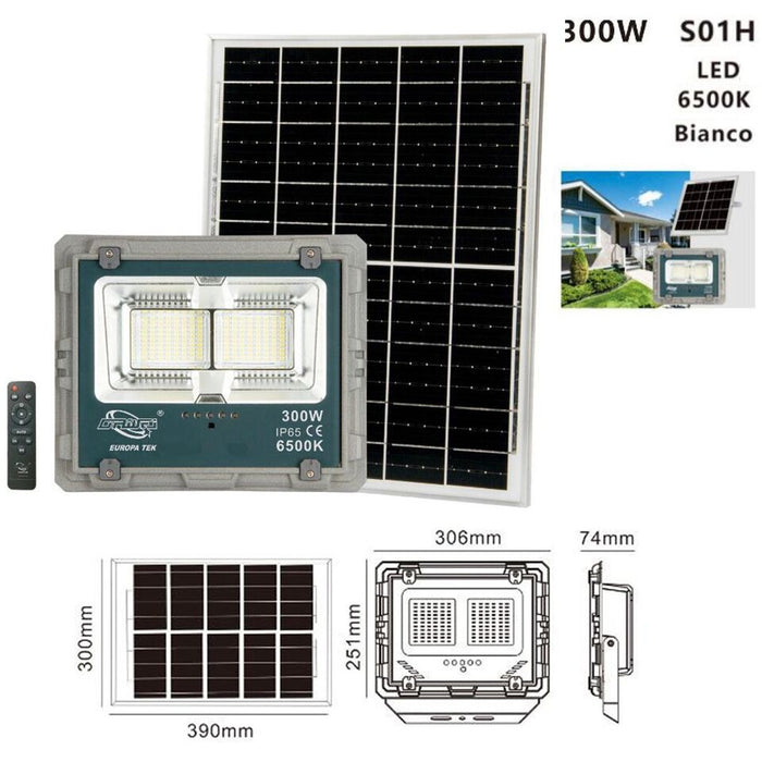 FARO LED CON PANNELLO SOLARE LUCE FREDDA FARETTO LED CASA GIARDINO ESTERNO 300W