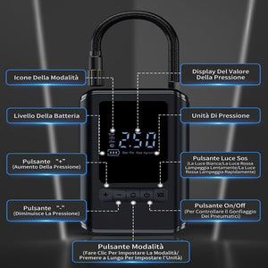 MINI COMPRESSORE AD ARIA AUTO PORTATILE GONFIATORE RICARICABILE DISPLAY LED AUTO