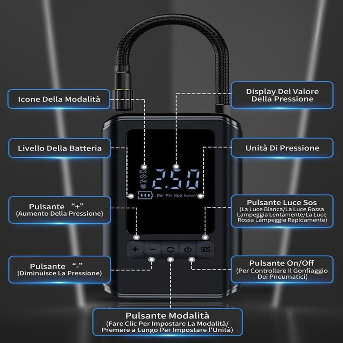 MINI COMPRESSORE AD ARIA AUTO PORTATILE GONFIATORE RICARICABILE DISPLAY LED AUTO