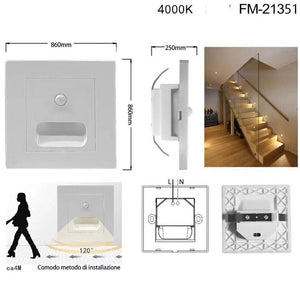 LUCE NOTTURNA SEGNAPASSO LED QUADRATO BIANCO SENSORE MOVIMENTO LUCE NATURALE