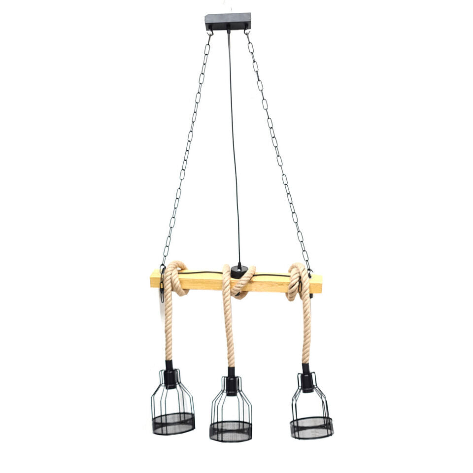 LAMPADARIO SOSPENSIONE VINTAGE E27 CANAPA RETRO COUNTRY LEGNO GABBIA INDUSTRIALE