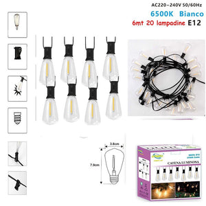 CATENARIA CATENA LUMINOSA 6MT CON 20 LAMPADINE E12 ESTERNO LUCE FREDDA 6500K