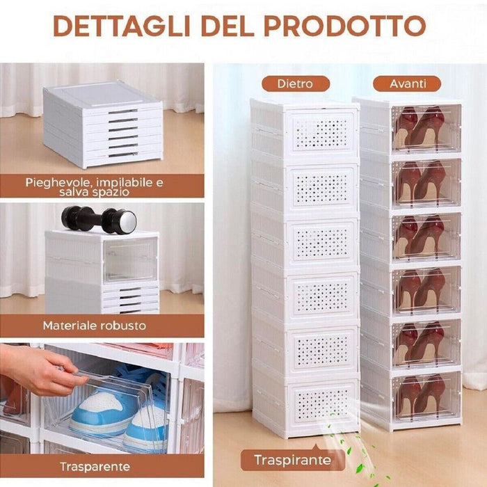SCARPIERA 6 SCATOLE IMPILABILE CONTENITORE PIEGHEVOLE ORGANIZZATORI PORTA SCARPE