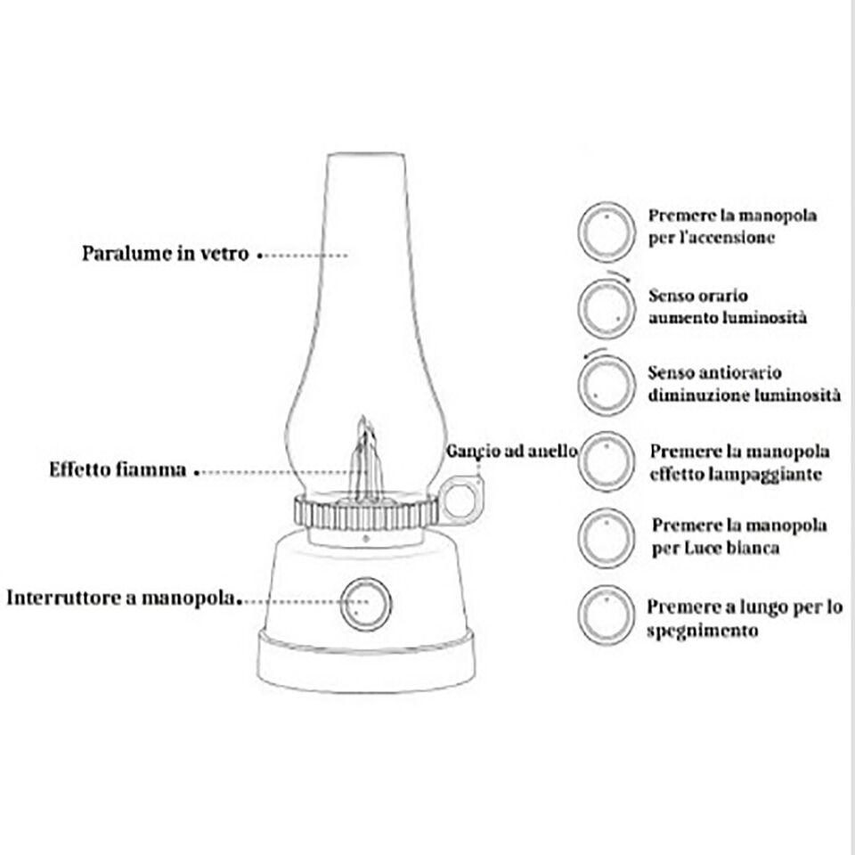 LAMPADA LED DA TAVOLO 3.2W LUCE EFFETTO FIAMMA LANTERNA RICARICABILE DIMMERABILE