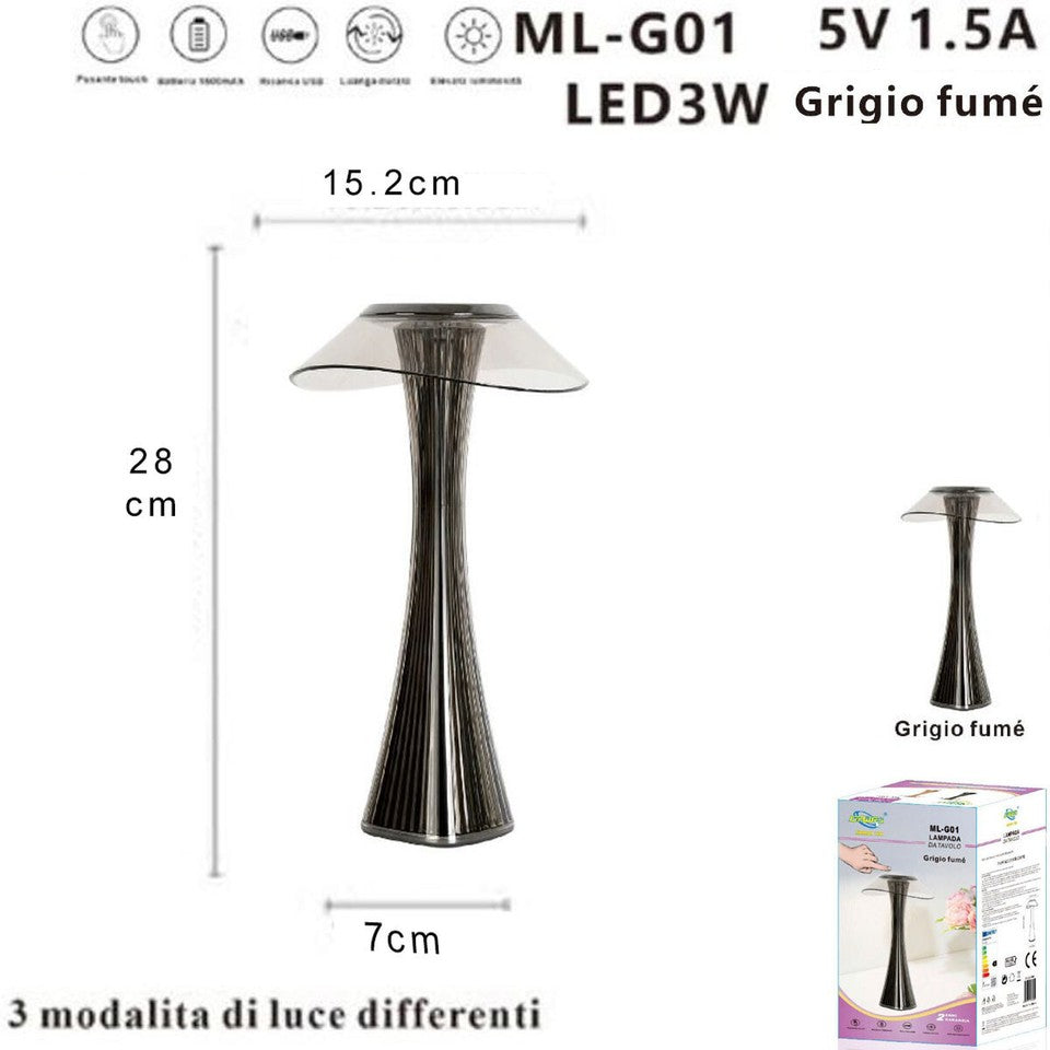 LAMPADA TAVOLO TOUCH LED MODERNA RICARICABILE BAR HOTEL RISTORANTE GRIGIO ML-G01
