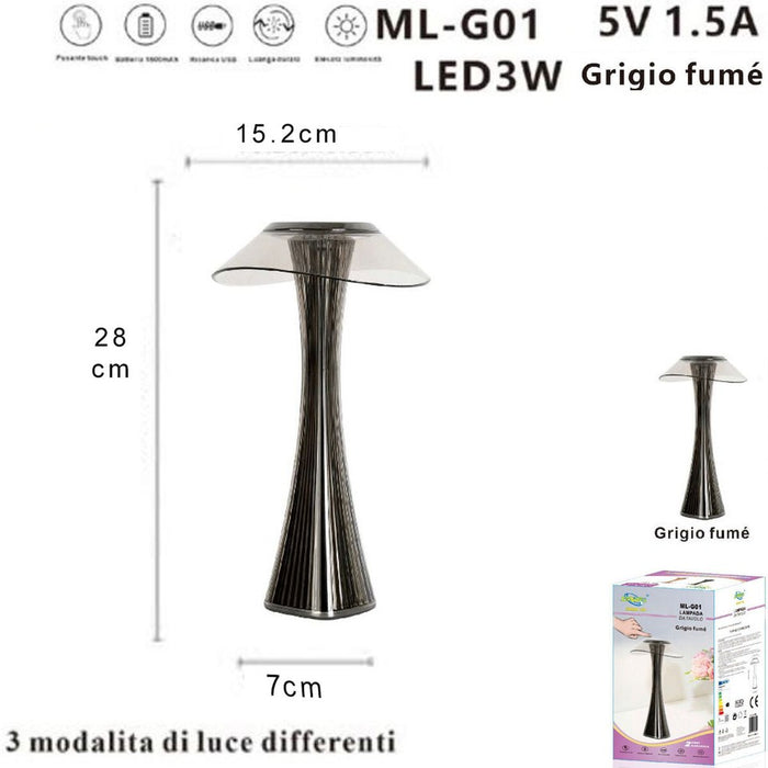 LAMPADA TAVOLO TOUCH LED MODERNA RICARICABILE BAR HOTEL RISTORANTE GRIGIO ML-G01