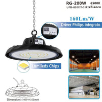 FARO INDUSTRIALE DRIVER LED PHILIPS UFO 200W LAMPADA SOSPENSIONE LUCE 6500k
