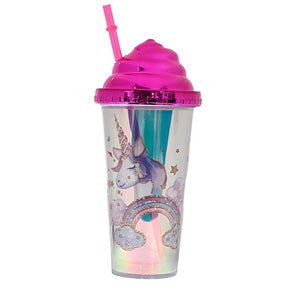 TAZZA BICCHIERE IN PLASTICA CON CANUCCIA DA 380ML BAMBINA UNICORNO ACQUA ROSA