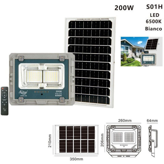 FARO LED CON PANNELLO SOLARE LUCE FREDDA FARETTO LED CASA GIARDINO ESTERNO 200W