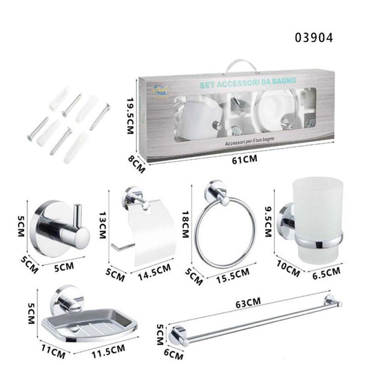 KIT COMPLETO 6 ACCESSORI BAGNO ASTA SAPONE WC GANCIO PORTA ASCIUGAMANO 03904