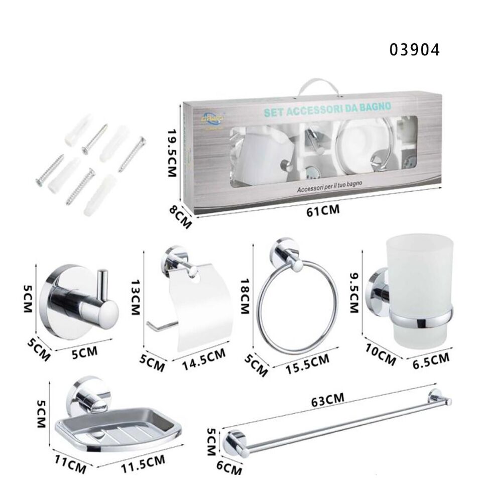 KIT COMPLETO 6 ACCESSORI BAGNO ASTA SAPONE WC GANCIO PORTA ASCIUGAMANO 03904