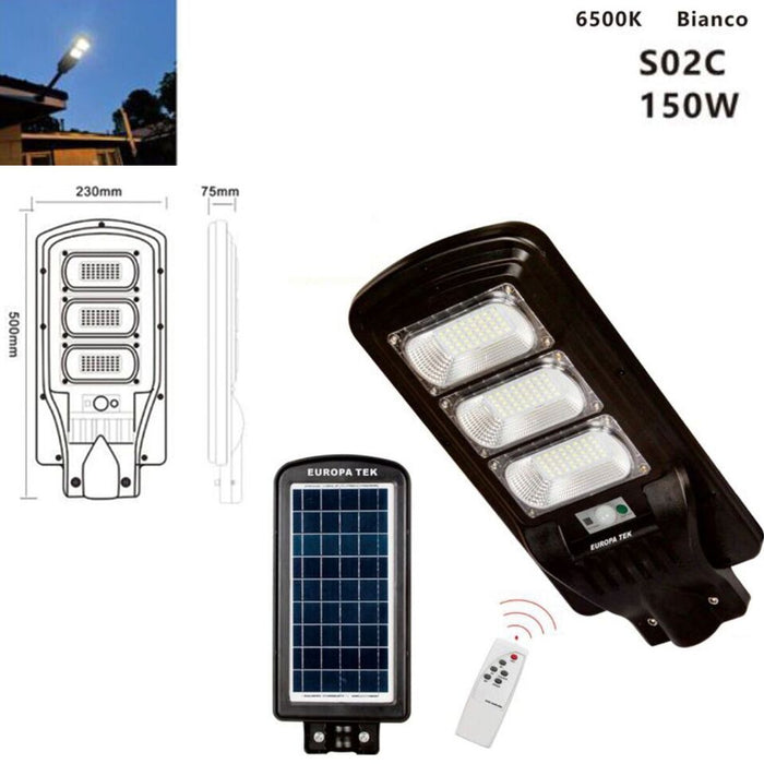 LAMPIONE SOLARE  STRADALE FARO LED ESTERNO SENSORE DI MOVIMENTO TELECOMANDO 150W