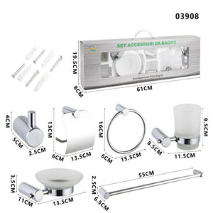 KIT COMPLETO 6 ACCESSORI BAGNO ASTA SAPONE WC GANCIO PORTA ASCIUGAMANO 03908