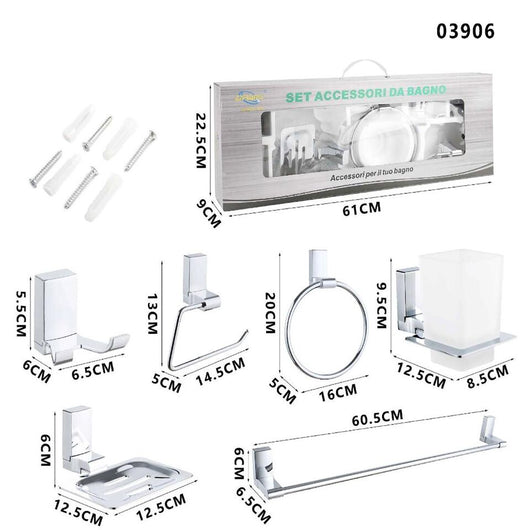 KIT COMPLETO 6 ACCESSORI BAGNO ASTA SAPONE WC GANCIO PORTA ASCIUGAMANO 03906