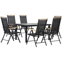 Set da Giardino Esterno per 6 Persone, Telaio in Alluminio, 6 Sedie Pieghevoli e Reclinabili, 140x90x74cm, Nero