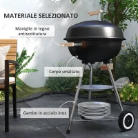Barbecue a Carbonella con Griglia in Acciaio, Coperchio e Prese d'Aria e Ruote, Nero