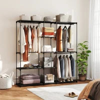 Armadio Guardaroba in Tessuto con 8 Ripiani e 3 Aste per Appendere, 182x43x185 cm, Nero