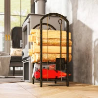 Portalegna per interni a 2 Livelli, con 4 Attrezzi per Camino e Ganci, 43x30x74 cm, Marrone