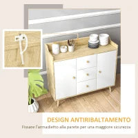 Credenza Moderna in Truciolato e Legno di Pino con 3 Cassetti e 2 Armadietti a 2 Livelli, 90x32x80A cm