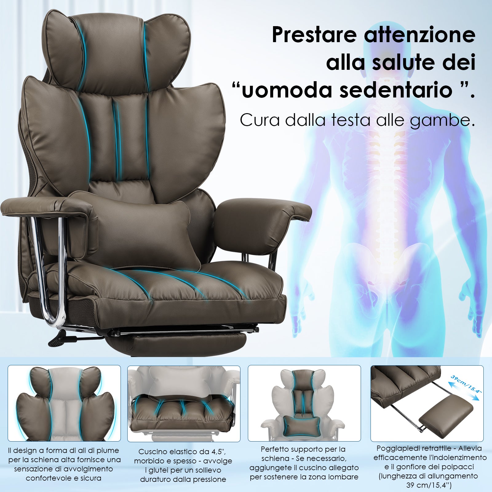 Sedia da Ufficio - RATTANTREE - Poltrona presidenziale - Sedia Girevole con Schienale Alto in Pelle, con Poggiatesta, Bracciolo e Poggiapiedi Retrattile - Marrone