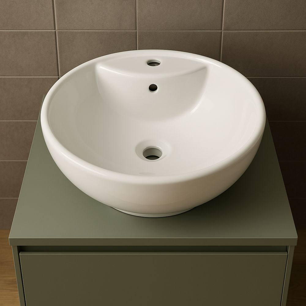 Lavabo d'appoggio ceramica bianco tondo lavandino arredo bagno cm 46x46x17