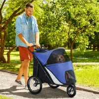 Passeggino per Cani, Pieghevole, Tetto Apribile, Cuscino, Telaio in Acciaio, Blu e Nero