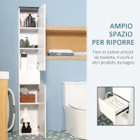 kleankin Mobile Bagno con Ripiano Regolabile, 2 Ripiani Chiusi e un Cassetto in Legno, 30x28x180 cm, Bianco