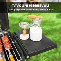 Barbecue a Gas Portatile con 2 Bruciatori e 2 Tavolini, Coperchio con Termometro e Ruote, Nero