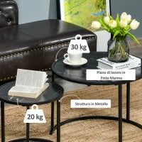 Set di 2 Tavolini da Salotto Rotondi Impilabili in Acciaio ed Effetto Marmo, Nero