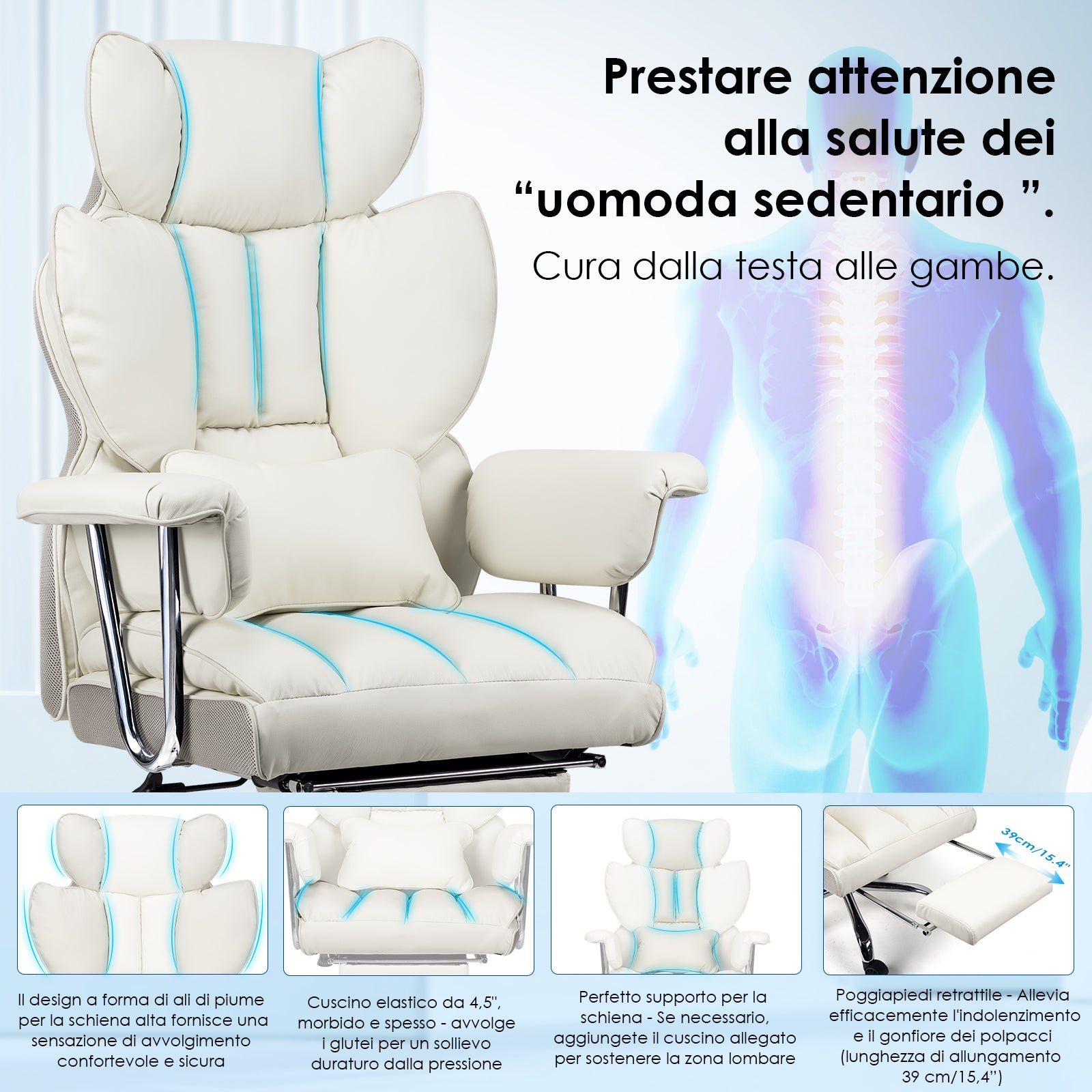 Sedia ufficio con rotelle - RATTANTREE - Poltrona presidenziale con Poggiapiedi Retrattile - Bianco