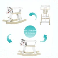 Cavallo a Dondolo Classico in Legno per Bambini 1-3 Anni con Bordo, Maniglie e Poggiapiedi, 68x26.5x48cm, Bianco